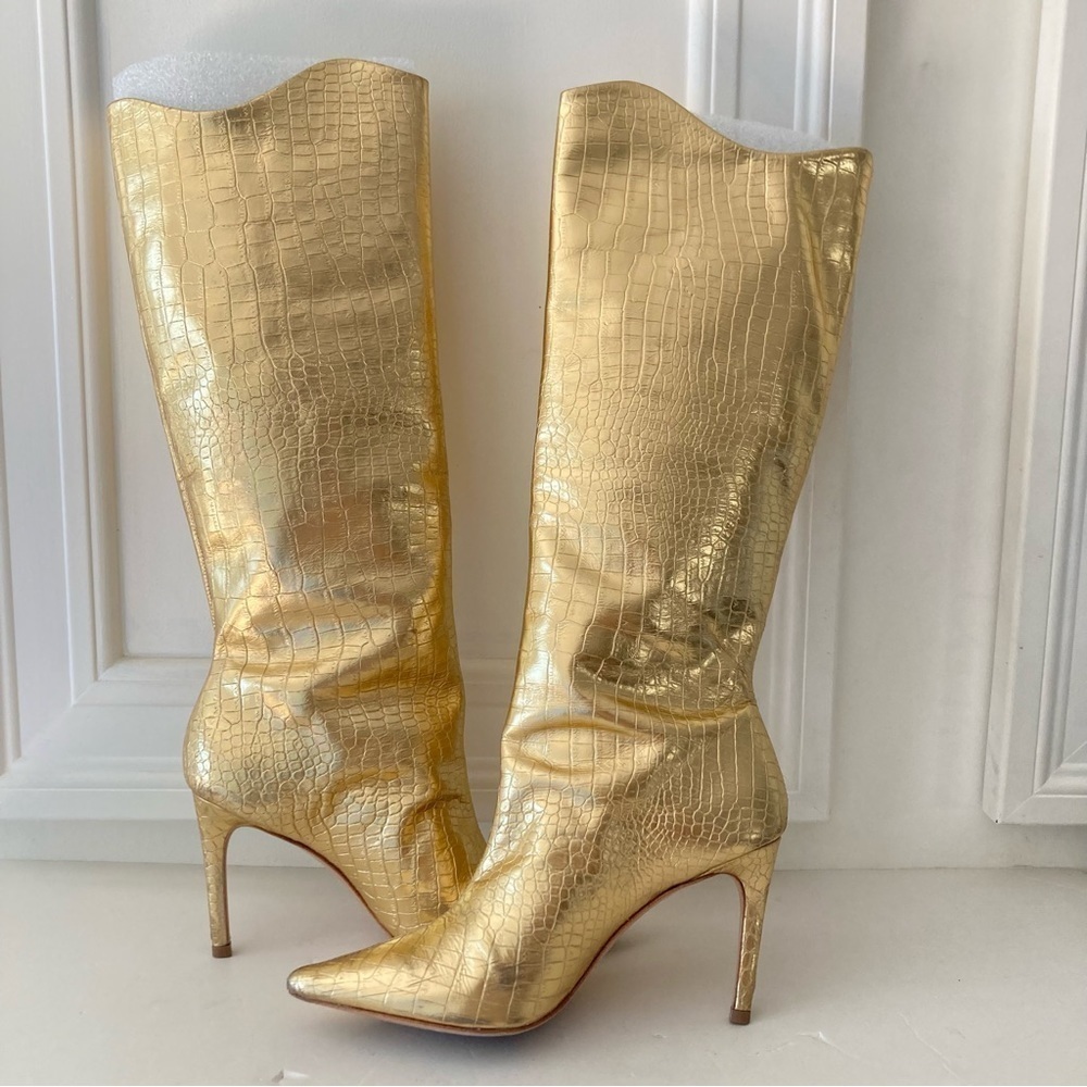 UIB Vicenza Free People Tokyo Tall Gold Metallic Animal Print Boots Sz 7